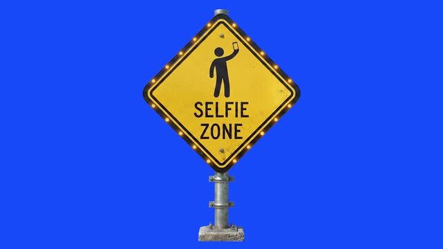 A yellow diamond-shaped novelty street sign featuring a human icon taking a photo with a smartphone and the text "SELFIE ZONE" stands against a solid blue screen background. Excellent for lifestyle vl
