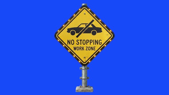 A yellow diamond warning road sign displaying a slashed car silhouette and the text "No Stopping Work Zone" on a metal post against a blue screen. Ideal for construction zone videos, traffic regulatio