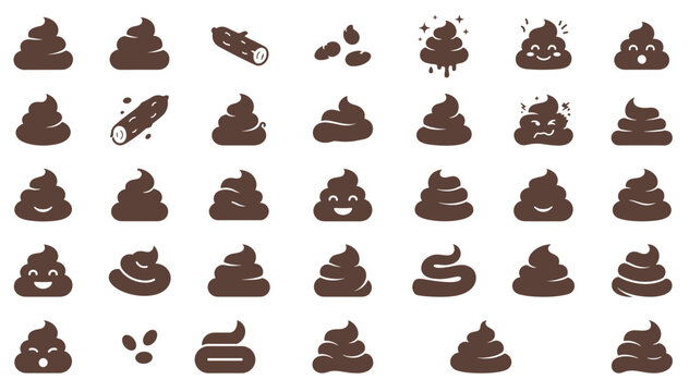 Big collection of brown caca vector icons featuring various funny shapes silhouettes smiling faces and stinky piles for humorous graphic design or health digestion illustration.
