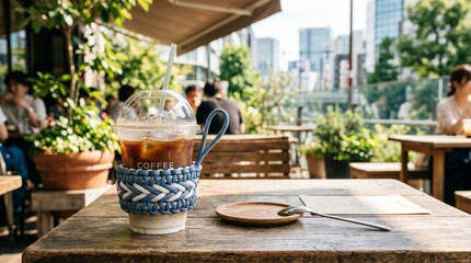 Fototapeta premium 都会のカフェのテラス席で楽しむアイスコーヒー