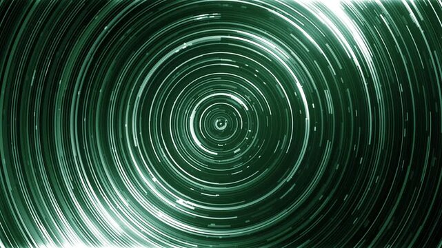 Glowing green concentric circles spinning on dark background. Seamless loop circular light trails motion graphic.