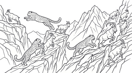 Snow leopards hunting goats coloring book page illustration. © Dias