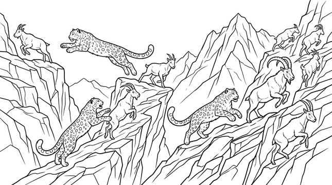 Snow leopards hunting goats coloring book page illustration.