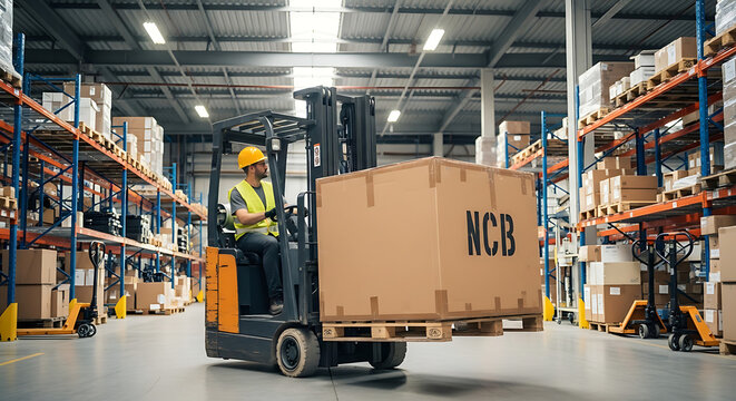 A professional warehouse forklift driver wearing a yellow hard hat and high-visibility vest safely operates an industrial forklift truck to transport and lift a large cardboard shipping box labeled NC
