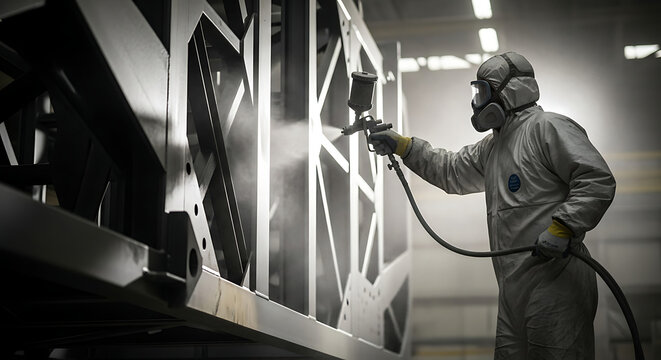 Dramatic artistic shot of an industrial painter wearing a protective suit