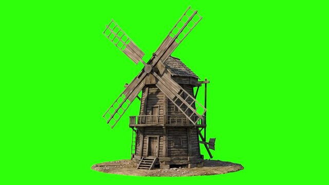 A rustic wooden windmill with rotating blades stands isolated on a green screen backdrop. Perfect for visual effects and background integration.