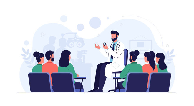 Doctor lecturing patients about eye care in a modern clinic setting, vector illustration.