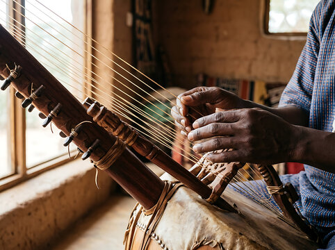 Close up of an African musician playing a traditional kora instrument in a rustic home.