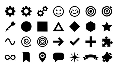 Fototapeta premium Minimal bold geometric vector icon set featuring gears smiles targets and abstract symbols for modern graphic design isolated on white background