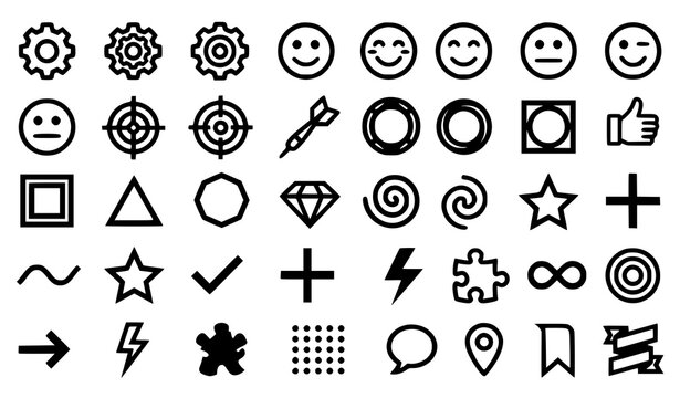 Minimalist gear smile target and abstract shape icon set with versatile geometric symbols isolated on white background