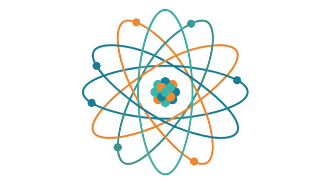 Atomic structure nucleus model with orbiting electrons flat vector illustration for scientific education branding