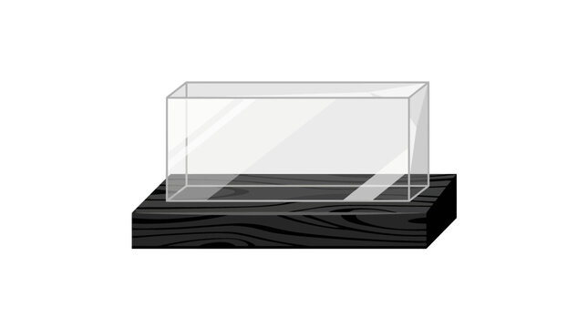 Empty glass display box on dark wooden base vector