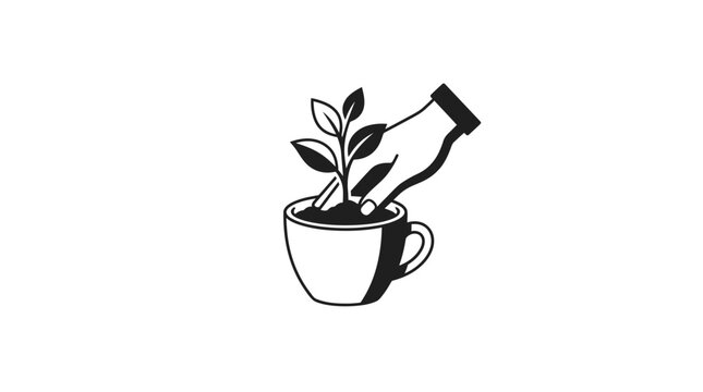 Minimalist vector of hand planting small sapling in ceramic cup