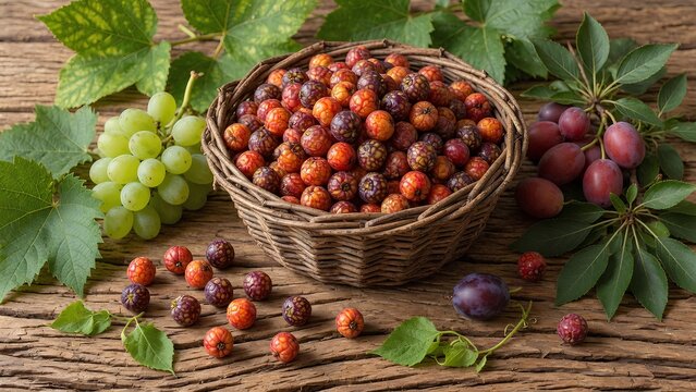Ripe Hackberry Fruits Growing on Tree Branch with Green Leaves, Wild Edible Berry, Organic Seasonal Harvest, Bright Professional Food Photography