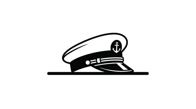 Nautical captain hat with anchor symbol black and white vector illustration