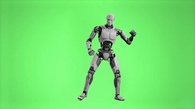 Dynamic 3D model of a modern humanoid cyborg robot performing a breakdance or hip-hop dance move, isolated on a bright green screen chroma key background. Excellent for entertainment tech promos, AI l