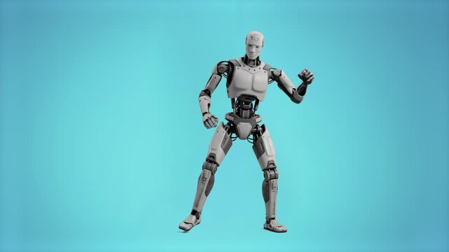 A modern 3D humanoid android robot executing a robotic dance pose, isolated on a light cyan blue background. Great for futuristic artificial intelligence marketing, science innovation visuals, cyberne