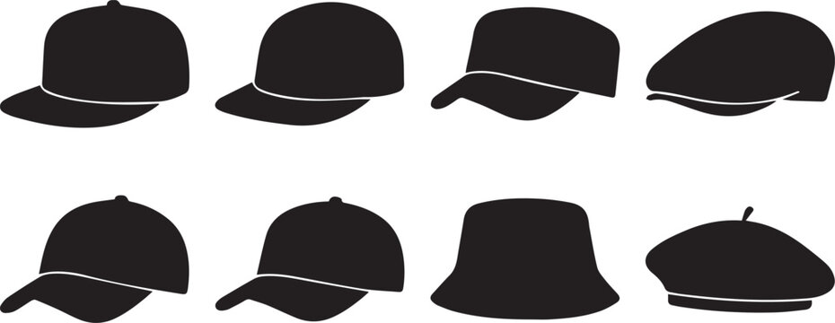 Set of eight black silhouettes of various headwear, including baseball caps, a flat cap, a bucket hat, and a beret on a white background