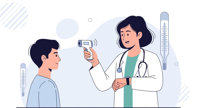 Doctor uses non-contact thermometer to check patient's temperature, medical examination, healthcare concept illustration