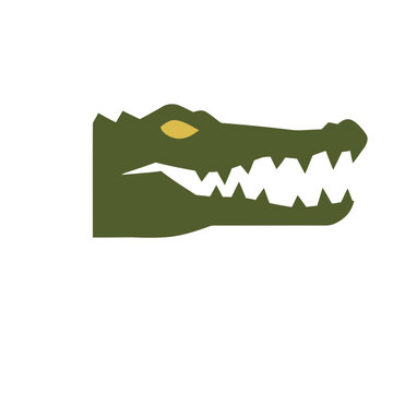 Green alligator head with open mouth and yellow eye