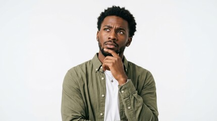 Obraz premium A young black man wearing a green shirt looking up and thinking with his hand on his chin against a plain background