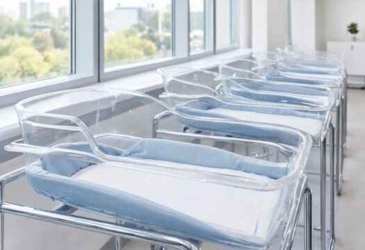 Transparent newborn cribs with folded white linens line a bright hospital maternity corridor, symbolizing neonatal care, childbirth preparation, hygiene, safety, modern healthcare, and recovery.
