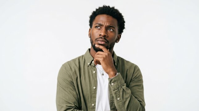 A young black man wearing a green shirt looking up and thinking with his hand on his chin against a plain background
