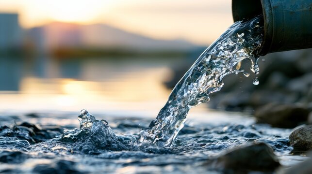 Close View of Untreated Industrial Effluent Flowing from a Pipe into a Body of Water