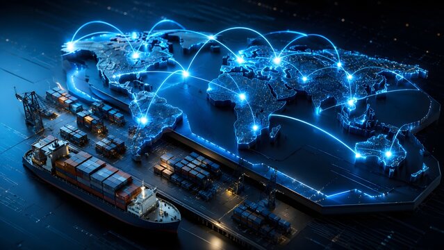 Global logistics network seamlessly connected by glowing lines across a digital world map, showcasing international cargo shipping at a port.