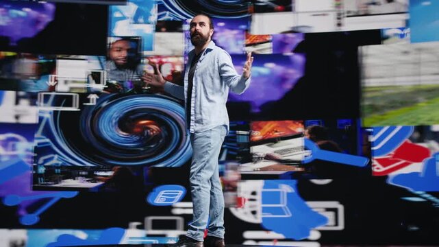 A content creator delivers a live social media presentation, engaging an online audience through real-time digital interaction, creative branding and innovation.
