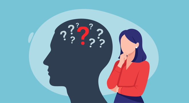 Confused woman, question marks, thinking face, problem solving, puzzled person, blue background, vector illustration, 1 icon