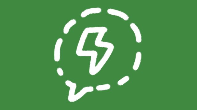 Lightning bolt dashed speech bubble hand-drawn cartoon graphic with chalk outline thunderstorm energy icon and creative idea notification pin isolated on green screen background for science element.