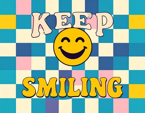 A colorful checkered pattern with a smiling face and text