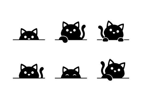 Six Black Cat Illustrations Peeking Over Line High Resolution Picture