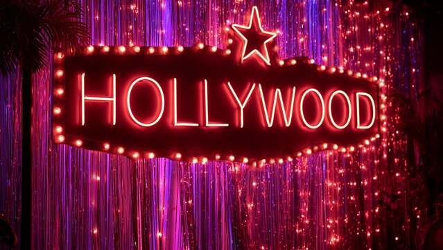 Glamorous Hollywood Celebration Background with Vibrant Neon Lighting for Entertainment and Awards Events