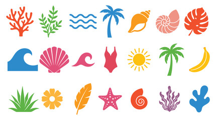 Fototapeta premium Tropical beach icon set. Colorful flat design symbols featuring coral, wave, palm tree, seashell, swimsuit, sun, banana and starfish for summer holiday graphic design.