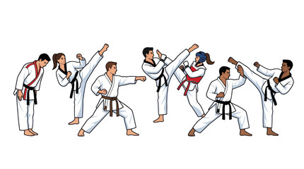 Martial artists practicing karate kicks and punches. © ahmad