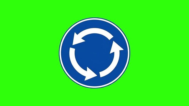 A blue circular roundabout traffic sign with white rotating arrows set against a solid green screen backdrop. Perfect for compositing into driving tutorials, educational video overlays, or UI motion g