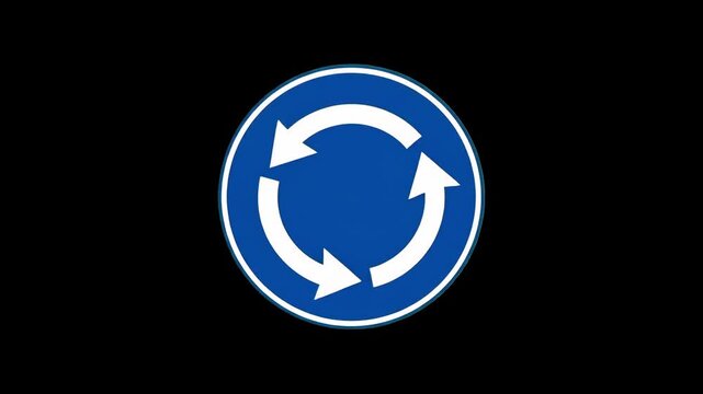 A high-quality 3D render of a circular blue road sign with white circular arrows representing a mandatory roundabout intersection. Placed on a solid black background for seamless integration as an ove