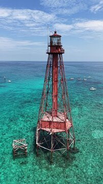 Still shot on a beautiful, clear, calm day at Sombrero Key Reef Lighthouse near Marathon in the Florida Keys.