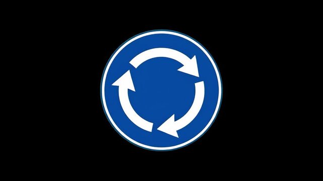A clean 3D render animation of a circular blue traffic sign with white rotating arrows indicating a roundabout junction. Set against a solid black background, ideal for driving guides, night traffic t