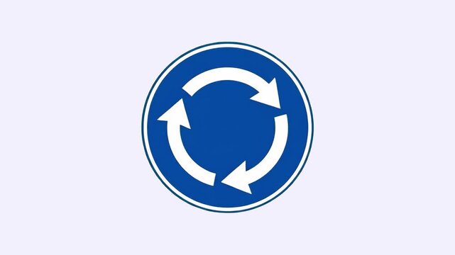 A circular blue road sign featuring three white rotating arrows indicating a roundabout layout. Ideal for driving lessons, traffic rule presentations, or navigation app UI designs.