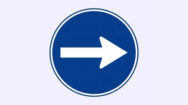 A clean 3D render animation of a circular blue traffic sign with a white arrow pointing to the right, representing mandatory direction regulations. Placed against a solid light background, ideal for d