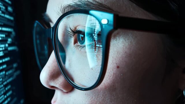横顔の超接写で反射を強調した日本人女性の目元とコード