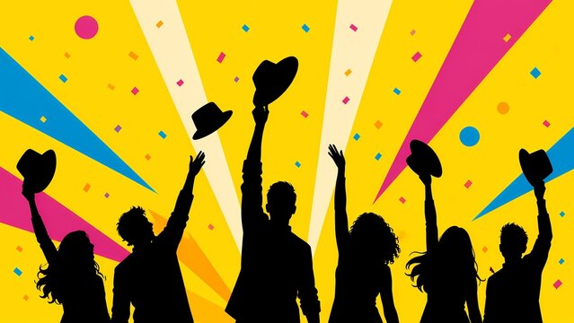 Celebrating Silhouettes Throwing Hats Against Radiant Pop Art Background
