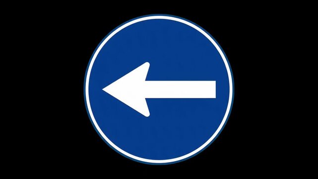 High-detail 3D model of a round blue traffic sign with a white arrow pointing left, isolated against a solid pitch-black background. Excellent for navigation animations, traffic rule video overlays, d