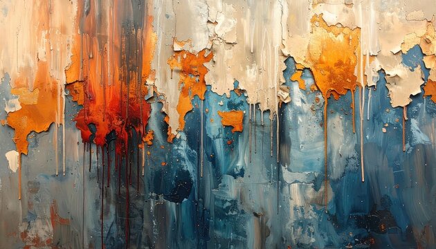 Abstract textured wall with peeling paint in vibrant colors