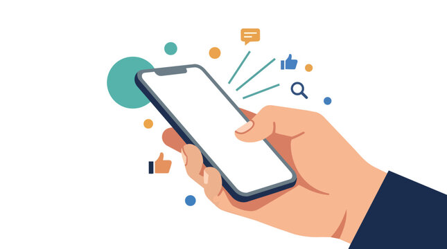 Social media engagement and smartphone user interaction flat vector illustration for mobile app marketing
