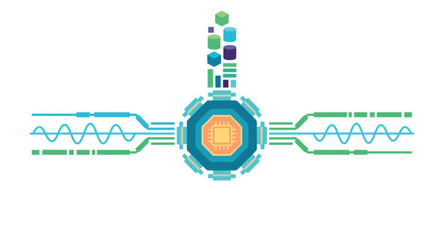 Digital signal processor with frequency waveforms and data blocks flat vector illustration for electronics engineering and computer hardware branding