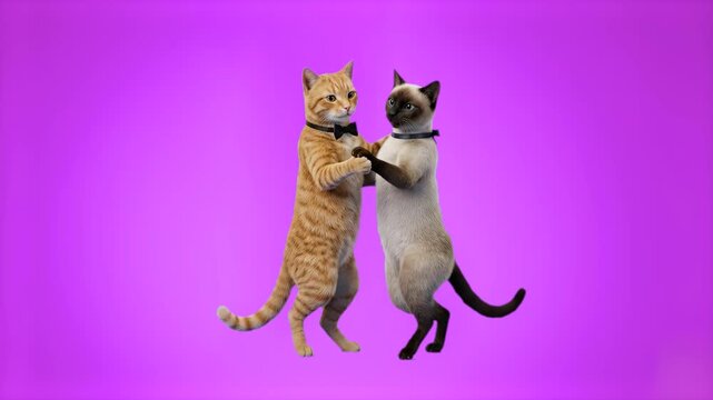 An animated ginger tabby cat and Siamese cat hold paws and dance on two legs against a vibrant purple backdrop. Perfect for whimsical advertisements, greeting cards, or creative social video clips.
